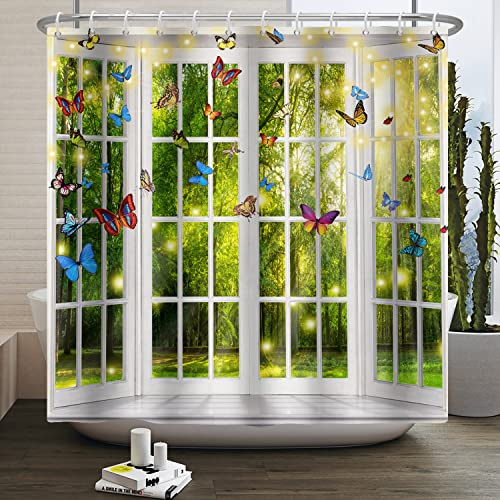 SDOTPMT 180x180cm Primavera Finestra Vista Tenda Doccia Fantasia Magica Foresta Bianco Bagno Colorata Farfalla Psichedelica Faint Sole Fata Vasca da Bagno Tessuto Impermeabile Con Ganci