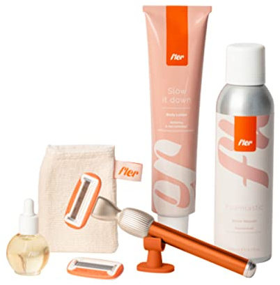 Fler Dream Team Set - Maquinilla de Afeitar para Mujer con Soporte y 2 Cuchillas de Repuesto, Espuma de Depilación, Aceite Post Depilación y Crema Corporal, Cuchillas Unisex con Aloe Vera (Naranja)