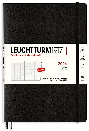 LEUCHTTURM1917 367571 Monatsplaner mit Notizbuch, Softcover, Composition (B5) 2024, 16 Monate, Black, English