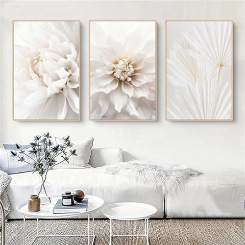 DLKAJFK Moderne Wandmalerei Plakat Set, Natürliche Landschaft Strand, Schilfblätter, Weiße Rosen, Leinwanddruck, Hintergrund Wanddekoration Plakat Set, Rahmenlos (Blütenherz,3Pcs-30x40cm)
