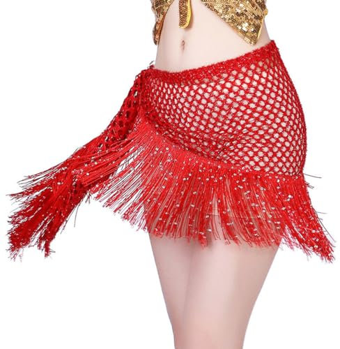 SamHeng Sciarpa all'anca di Danza del Ventre per Donna, Lucente Gonna di Danza del Ventre con Nappe di Paillettes, Frange Cintura di Danza Orientale per Prestazione Yoga Festa Rave (Rosso)