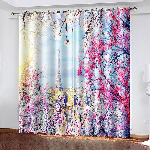 3D Kinderzimmer Verdunkelungsvorhänge Rosa Blumen-Eiffelturm,3D-Gedruckte Vorhänge Wohnzimmer Bürovorhänge Energiesparende Geräuschreduzierende Kindergardinen - Vorhang Für Das Esszimmer-7J8I4P2O0B7