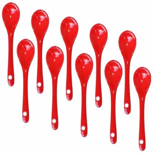 Lotatheta 10 pcs Red Porcelain Egg Spoons Ceramic Spoons 4.7 inch Coffee Dessert Yogurt Tea Milky Tea