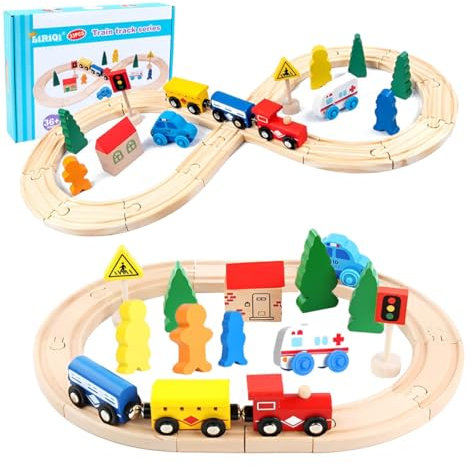 LiRiQi Holzeisenbahn Zug Set, 33 teiliges Magneteisenbahn-Holzschienen Set, Züge Eisenbahn Anfängerset Kompatibel mit Brio Thomas, Spielzeugauto Geschenke Spielzeug für Kleinkinder Jungen Mädchen