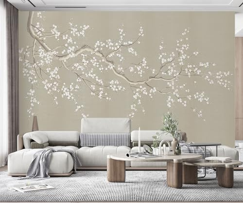 RMwallpaper Papier Peint Minimalisme De Fleur De Prunier Zen Peint À La Main Papier Peint Intissé Tapisserie Murales Chambre Salon (350x256cm)
