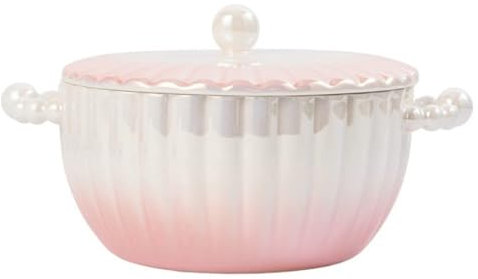 KIUGOP Ceramic Serving Soup Tureen with Lid, 1 Quart, Graduated Shell Structure, Porcelain, Soup Bowls with Beaded Hands And Lid, White/Pink, Microwave Safe,Pink