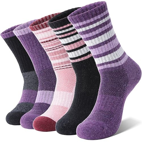 MOSEY KOSY 5 Pairs Women's Wool Walking Hiking Thermal Socks Winter Boot Work Warm Cushion Socks(Purple/Pink,3-7)