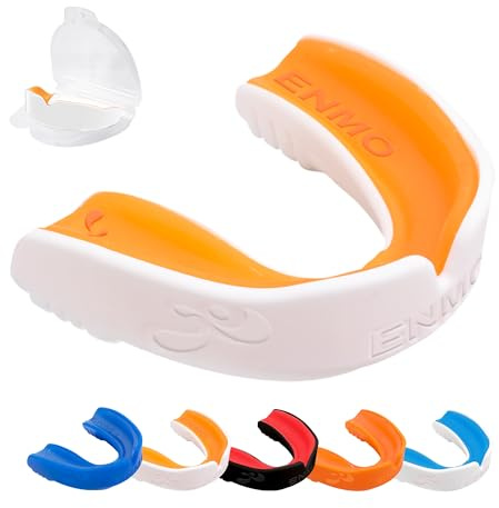 Enmo Maxilla Gel-Mundschutz, mit Etui, Erwachsene und Kinder ab 10 Jahren, Breathing Channel-Technologie, Boil and Bite, Bequem, Antimikrobiell, für alle Kontaktsportarten, Weiß/Orange