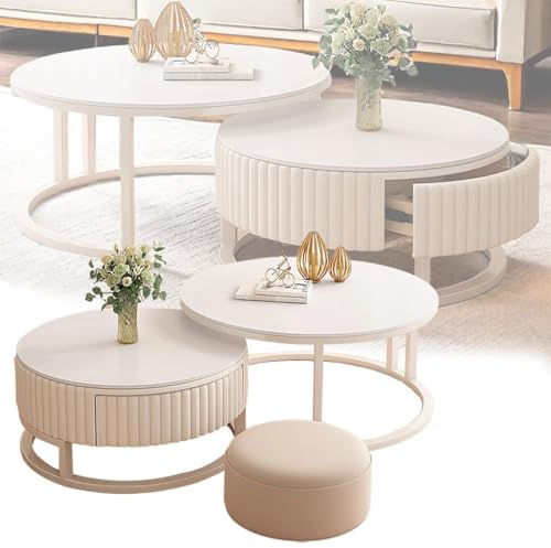 MDXVRKYBC Runder Couchtisch Weiß 50cm+70cm 2er Set Nested Satztische Mit Stauraum, Einfache Rund Kaffeetisch Sofatisch Für Schlafzimmer Wohnzimmer