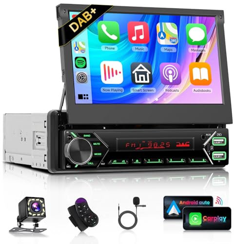 Podofo DAB/DAB+ Autoradio 1Din Mit 7'' Touchsreen Manuell einziehbarer Bildschirm Wireless Carplay/Android Auto Bluetooth 5.1 FM/RDS 2USB/MIC/Typ c/AUX/Lenkradsteuerung mit Rückfahrkamera