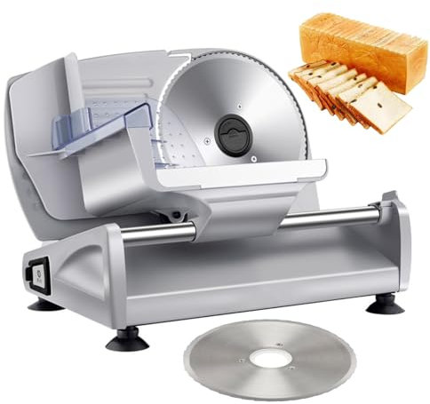 Cortadora de alimentos para uso doméstico, cortadora de pan eléctrica de 200 W con 2 cuchillas intercambiables para pan, carne y queso, ajuste de grosor de 1 a 15 mm