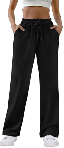 HMIYA Pantalon large pour femme 100 % coton décontracté droit Pantalon en tissu léger Taille haute Pantalon Palazzo avec poches, Noir , XL