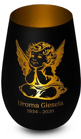 Elegantes personalisiertes Windlicht aus Glas in Schwarz-Gold Engel Gedenklicht für Verstorbene mit Gravur, Geschenk für Trauernde - Trauerlicht personalisiert mit Namen