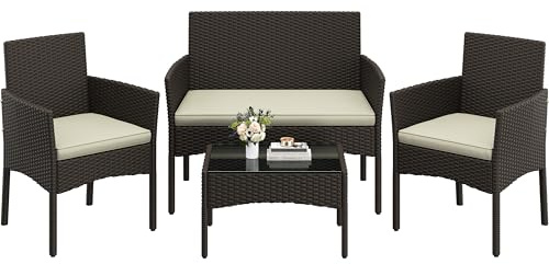 Yaheetech 4-er Gartenmöbel Set Balkonmöbel Set aus Polyrattan Terassenmöbel Außen mit 2er Sofa, 2 Stühle, Tisch & Sitzkissen für Terrasse/Balkon/Garten, Braun & Beige