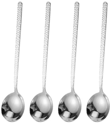 FSSTUD 4 Pcs 19.7cm Stainless Steel Dinner Spoons Long Handle Korean Soup Spoons Large Eating Tablespoons Hammered Metal Silverware Dishwasher Safe Cutlery for Home Restaurant