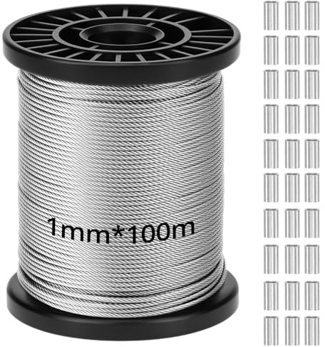 QWORK® 1 mm x100 m Drahtseil, 304 Edelstahlseil, 100 kg Bruchfestigkeit, Ideal für Außen, Garten und DIY,mit 30 Aluminium Crimphülsen