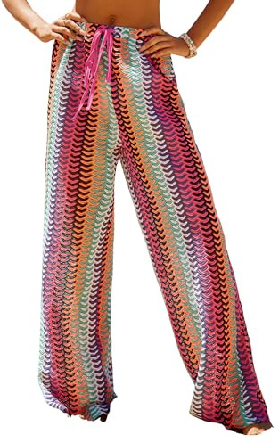 ZAFUL Womens Beach Cover Up Pants Sexy Crochet Drawstring Elastic Boho Swimsuit Cover Up Long Pants Beach Wear Multicolor M