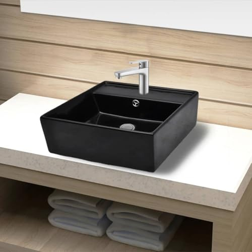Lavabo da Appoggio in Ceramica, Nero Quadrato con Foro Rubinetto e Troppopieno, Design Moderno per Bagno o Lavanderia, 41 x 41 x 15 cm