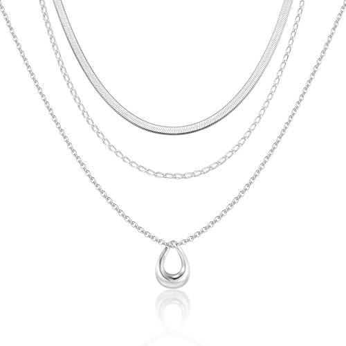 ALEXCRAFT Layered Halskette Damen Herren, Silberkette Tropfenanhänger Mehrschichtige Halskette Triple Ketten Lange Chunky Layered Kette Halsketten Set Silberschmuck für Frauen und Mädchen