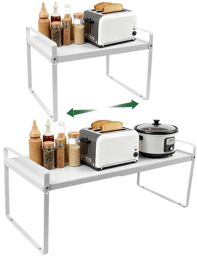 Zuxbolf Erweiterbarer Küchenregal Organizer Teleskop Schrankeinsatz Verstellbar Länge 34.5-62.5cm Regaleinsatz Stapelbar Küchenschrank Organizer Regal für Küche, Bad, Tischplatte, Sideboard, Weiß