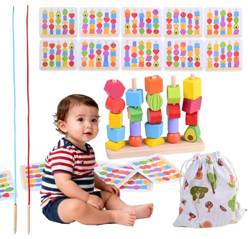 Rieoany Wooden Threading Stacking Toys for 1 2 3 4 5 Year Olds Girl Boy Fine Motor Skills Games Colour Sorting Learning Toys for Toddlers Educational Sensory Toy Toddler Activities