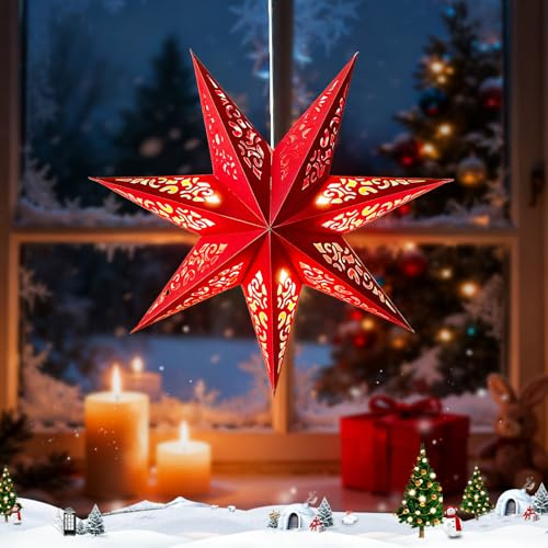 Stelle Di Carta Da Appendere, Stella di Natale 3D Luminosa con LED, Lanterna Natalizia Decorazioni Natalizie Carta Origami, Ideal Per Natale, Matrimoni & Finestre (Rosso)