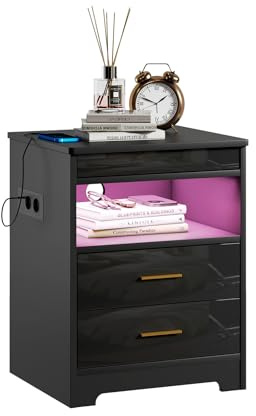 Ztexkee Mesita de Noche con Enchufe y Tira de luz LED, Mesitas de Noche con Cerradura, Mesa Auxiliar con 3 Cajones y 1 Cajón Secreto para Dormitorio, Negro