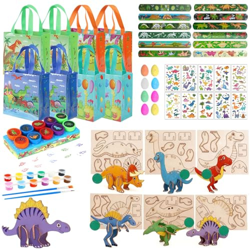QITIXI:OU Dino Mitgebsel Kindergeburtstag Set mit Holz Dinosaurier Puzzle, 24 Farben Malset, Pinsel, Tattoo Aufkleber, Stempel, Schnapparmband, Geschenktüten, Dino-Eier, Geeignet für Dino Geburtstage