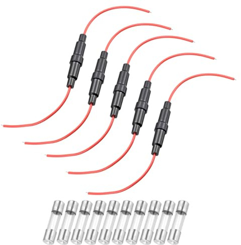 sourcing map 5 Pcs 6x30mm Inline Screw Type Fuse Holder 22 Gauge AWG Red Wire with 10 Pcs 1A Fast Blow Glass Fuses