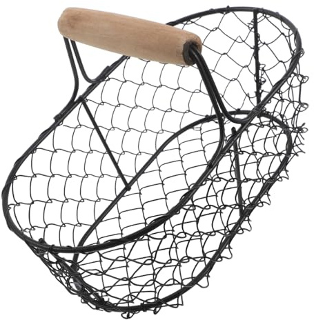 Cabilock Cestino per Uova da Banco in Filo Metallico Nero con Manico in Legno, Portauova per Cucina Traspirante e Contenitore Multifunzione per Frutta e Verdura, Stile Rustico Vintage