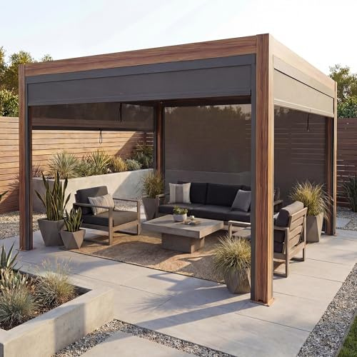 Mendler Pergola HWC-L46 mit Seitenwand Alu 3x4m - Holzoptik anthrazit | Lamellen-Pavillon, Rollo, sturmfest, 10cm Gestell