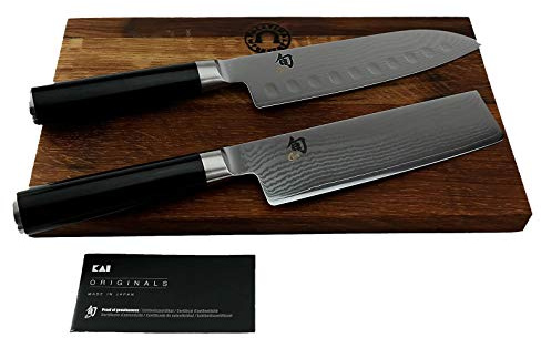 KAI Shun Premier Messerset Geschenkset ultrascharfes 18cm Santoku DM-0718 Kullenschliff + Nakiri-Messer DM-0728 + Schneidebrett aus Fassholz 30x18 cm VK: 488,- €