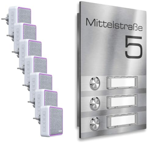 Metzler Mehrfamilien-Funkklingel - 3-fach - Klingelplatte aus Edelstahl - mit austauschbaren Namensschildern - Produktmaße: 156 x 220 mm (7x Steckdosen Empfänger)