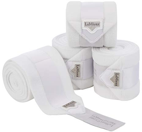 LeMieux Loire Polo Bandages in Zipped Case - Signature Embossed Metal Motif - Satin End Detail - Soft Fleece Protection Wraps - Pack of 4 - White - Large