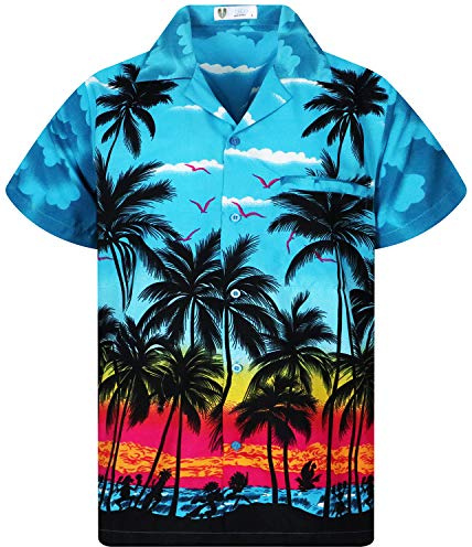 V.H.O. Funky Hawaii-skjorta för män, kortärmad med frontficka och Hawaii-tryck: strand, palmer och olika färger, Strand turkos, XL