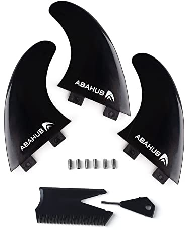 Abahub Surfboard Thruster Fins Set, Compatible with FCS Style Fin Box, Fiberglass Reinforced G5 Surf Fin for Surf Boards, Surfing Longboard, Shortboard, Comes with Screws, Wax Comb and Key, Black