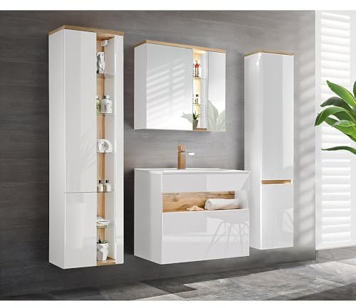 Lomadox Badezimmermöbel Badmöbel Set, 80cm Unterschrank mit Keramik Waschbecken, Hochglanz weiß mit Wotaneiche, 2 Hochschränke und LED-Spiegelschrank