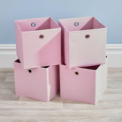 Home Source Cube Storage Boxes, Collapsible Fabric Storage Baskets, Foldable Canvas Organising Boxes, 4 Piece, Pink