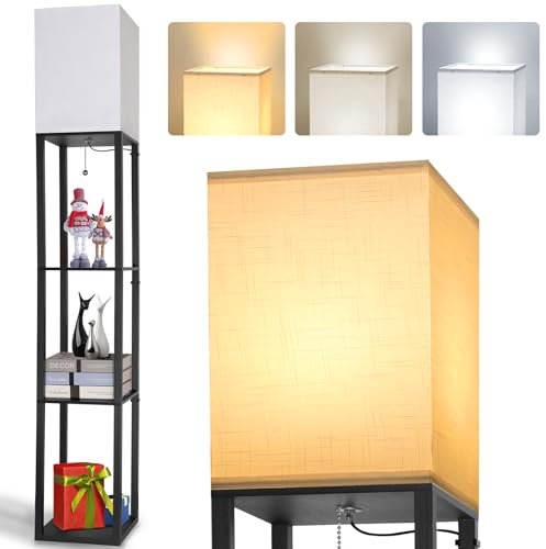 LED Lampada da Terra in legno con 3 Ripiani, 1.6 m Retrò Lampada a Stelo con Paralumi (con 3000K-5000K Lampadina) 3 Temperature di Colore Lampada da Comodino per Soggiorno Ufficio Camera da Letto E27