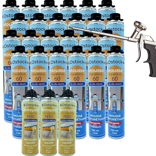 DSTOCK60- Ensemble de 24 Mousses Expansives Pistolables 750 Ml + 1 Pistolet + 3 Nettoyants Mousse - Mousse polyuréthane professionnelle - Isole, colle et rebouche - Extérieur et intérieur