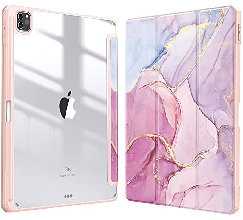 Fintie Funda Durable Compatible con iPad Pro 12,9 (2022/2021/2020/2018-6.ª, 5.ª, 4.ª y 3.ª Gen) Carcasa con Portalápiz Trasera Transparente a Prueba de Choques, Mármol Rosa Dorado