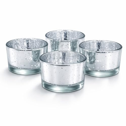 Teelichtgläser 5,1 x 3,3 cm Glas 4er Set - runde Teelichthalter für Teelichter bis 38 mm - Kerzengläser für kleine Kerzen bis Ø 4 cm - Silber metallic