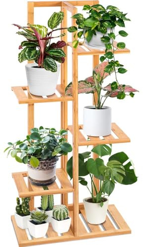 SereneLife Bamboo Plant Stands Indoor, 6 Tier Tall Corner Ladder Shelf for Multiple Plants, Flower Pot Stand Indoor/Outdoor for Living Room Garden Balcony Patio Boho Decor, Brown