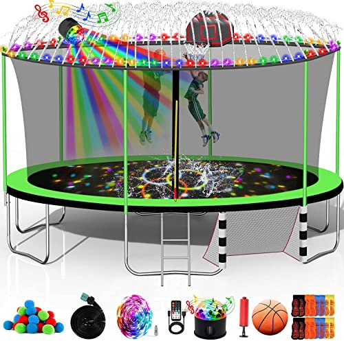 Goujxcy 12FT 14FT 15FT 16FT Trampoline for Kids Adults, 1500 LBS Outdoor Trampolines with Basketball Hoop, Lights, Sprinkler, Enclosure, Recreational Bounce Backyard, Super Trampoline Green 16 FT