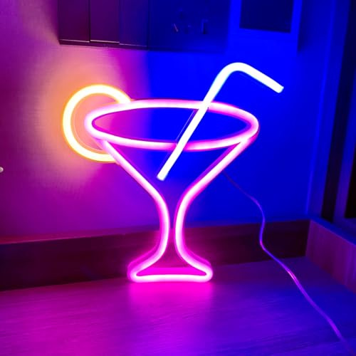 Rosa Neon Schild Cocktail, LED Weinglas Neonlicht | Batterie oder USB Betrieben Bar Neon Neonschild für Wanddekoration Cocktail Nachtlampe für Cocktailbar Restaurant Geschäft