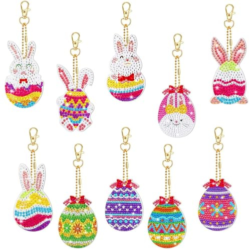 10 Stück Diamond Painting Ostern, 5D Hase Ostereier 5D Diamant Painting Schlüsselanhänger Set, DIY Diamond Painting Set, Ostern zum Basteln für Kinder, Ostergeschenk oder Osterdeko Kinder