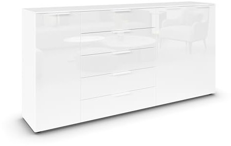 Rauch Möbel Flipp, Kombikommode, Kommode mit Stauraum für Wohnzimmer, Schlafzimmer, Flur, 4 Fachböden, Alpinweiß/Glasfront Weiß, 3-türig, Glastüren, 5 Schubkästen, Griffe weiß, 199x100x42cm