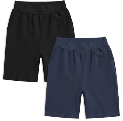 Auranso Boys School Shorts Kids Cycling School PE Sports Shorts Boys Black Navy School Shorts with Pockets, 2 Pack, Black/Navy, 5-6 Years