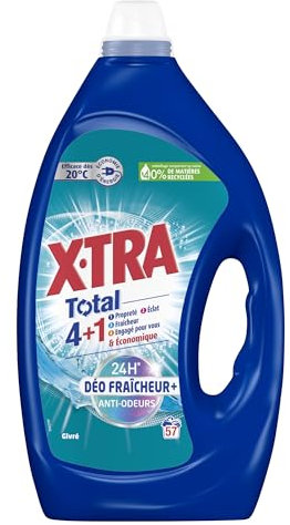 X-Tra Total - Lessive Liquide - 4 plus 1 - Propreté - Eclat - Fraîcheur - Engagé pour vous - Economique - Parfum Givré - Déo Fraîcheur plus - 24H Anti-Odeurs - Efficace des 20°C - 57 Lavages