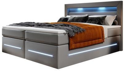 Boxspringbett Sevilla 180x200 Doppelbett Polsterbett Bett mit LED-Beleuchtung und Stauraum | Bezug: Kunstleder | Farbe: Grau | Härtegrad: H4 (100kg+)
